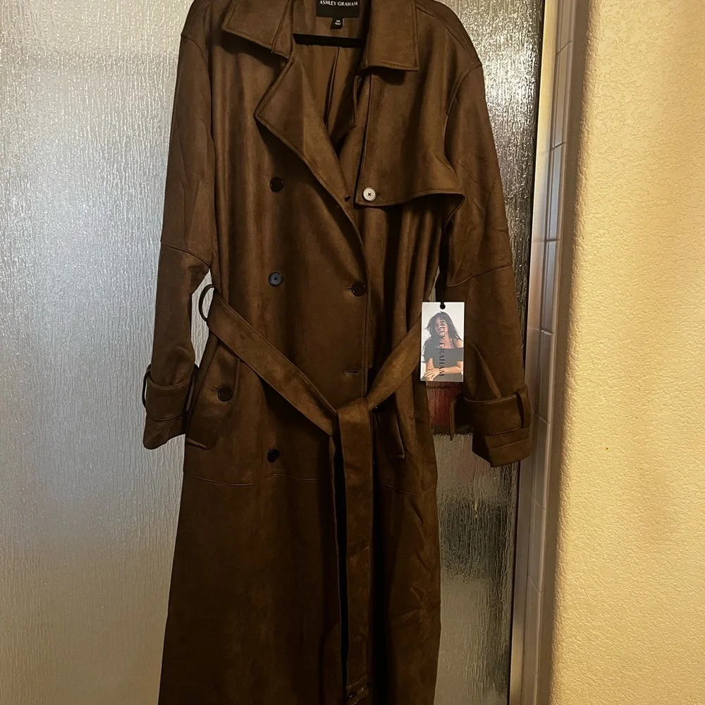 Ashley Graham Faux Suede Long Trench Coat in Olive Brown - Picture 5 of 11